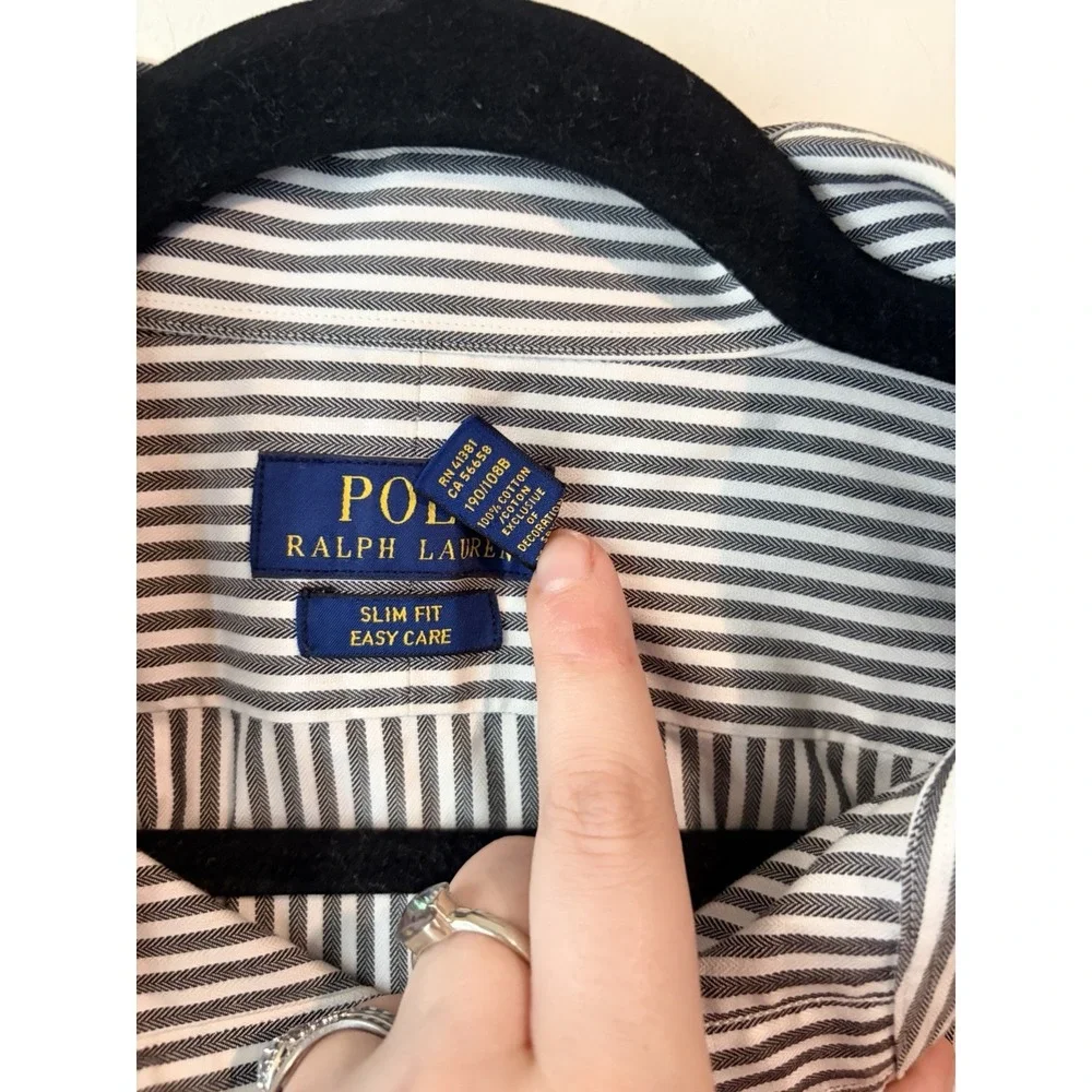 Polo Ralph Lauren Slim Fit Easy Care Dress Shirt 17.5 36/37 Blue White Stripe XL